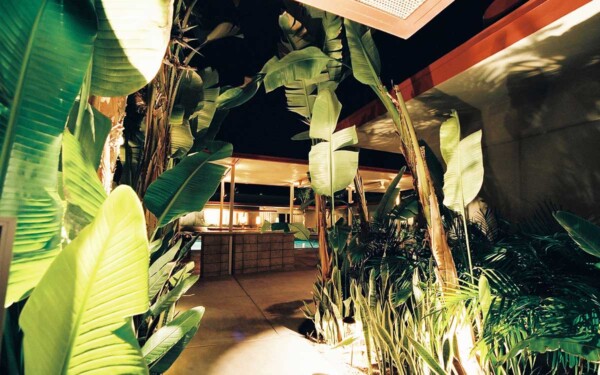 Large entryway at night in Orbit In, Palm Springs, CA Large entryway at night in Orbit In, Palm Springs, CA